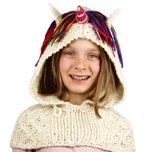 Knitting Pattern (UK) for Ulysses Unicorn Hooded Cowl. Rainbow Unicorn snood, scoodie, hooded scarf. Easy pdf knitting pattern download.