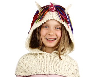 Knitting Pattern (UK) for Ulysses Unicorn Hooded Cowl. Rainbow Unicorn snood, scoodie, hooded scarf. Easy pdf knitting pattern download.