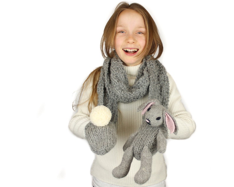 Knitting Pattern US Terms Rebecca Rabbit Scarf. Quick scarf knit in bulky yarn with bunny rabbit puppet toy and hand pockets. Easy knit. image 3