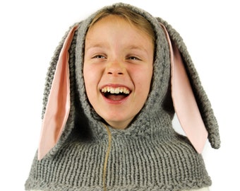 Knitting Pattern (US) for Rabbit Hood, hooded cowl, scoodie, with choice of bunny ears. Baby, toddler, child, adult sizes. INSTANT DOWNLOAD