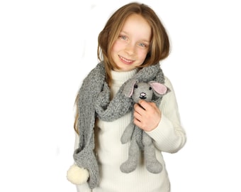 Knitting Pattern (UK Terms) Rebecca Rabbit Scarf with pockets and bunny rabbit toy puppet. Easy knit in chunky yarn. Instant pdf download.