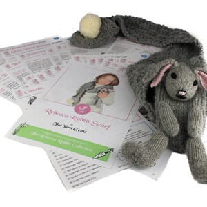 Knitting Pattern US Terms Rebecca Rabbit Scarf. Quick scarf knit in bulky yarn with bunny rabbit puppet toy and hand pockets. Easy knit. image 9
