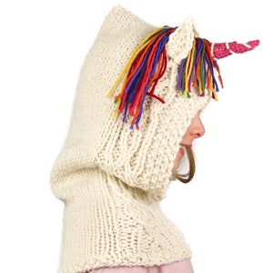 Knitting Pattern (US) Ulysses Unicorn easy knitted rainbow unicorn scoodie hooded scarf or cowl. Instant pdf download. Sizes baby to adult