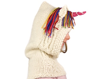 Knitting Pattern (US) Ulysses Unicorn easy knitted rainbow unicorn scoodie hooded scarf or cowl. Instant pdf download. Sizes baby to adult