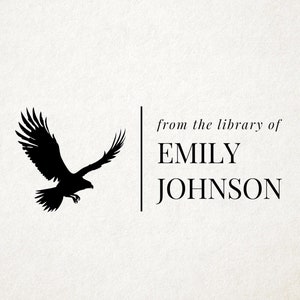 May include: A black silhouette of an eagle in flight, with outstretched wings, is on the left side of the image. The text "from the library of EMILY JOHNSON" is on the right side, separated by a vertical line. The background is off-white.