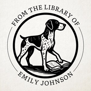 May include: A black and white dog illustration inside a circular frame, stepping on a book. The text reads "FROM THE LIBRARY OF EMILY JOHNSON" in a serif font, set against a cream-colored background.