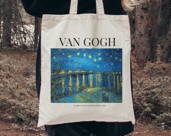 Van Gogh Tote Bag Starry Night Over Rhone Gift Painting Collage Aesthetic reusable grocery school bag Light Dark Academia Art Artist