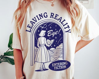 Comfort Colors Book Lover Shirt, Leaving Reality Entering Fiction, Bookish T-Shirt Retro Reading Tee Romance Romantasy Reader Book Club Gift
