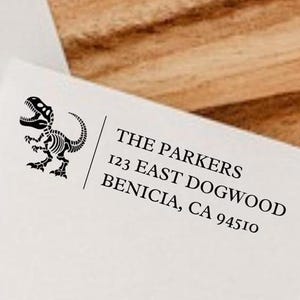Dinosaur T Rex Modern return address stamp, Wedding Stamp, Save the date Self ink stamper Wood handle Housewarming Gift Family Stamp Minimal