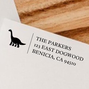 Dinosaur Modern return address stamp, Wedding Stamp, Save the date Self ink stamper Wood handle Housewarming Gift Family Stamp Minimal