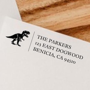 Dinosaur T Rex Modern return address stamp, Wedding Stamp, Save the date Self ink stamper Wood handle Housewarming Gift Family Stamp Minimal