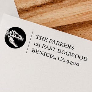 Dinosaur T Rex Modern return address stamp, Wedding Stamp, Save the date Self ink stamper Wood handle Housewarming Gift Family Stamp Minimal