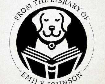 May include: A black and white circular library stamp featuring a dog reading a book. The text "FROM THE LIBRARY OF" arches above the dog, with "EMILY JOHNSON" below. The design is simple and elegant.