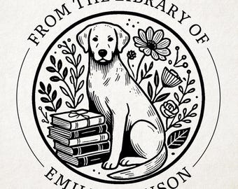 May include: Black and white illustration of a dog sitting next to a stack of books. The illustration is surrounded by a circle with the text "From the Library of Emily Johnson".
