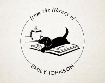 May include: Black and white illustration of a dog reading a book with a cup of coffee on a table. The text reads "from the library of EMILY JOHNSON".