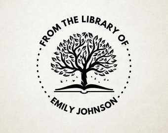 May include: Black and white illustration of a tree growing out of an open book with the text "From the Library of Emily Johnson" in a circle around the tree.