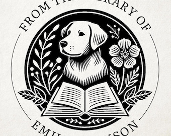 May include: Black and white illustration of a dog holding an open book with the text "From the Library of Emily Johnson" around the image.