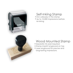 May include: Two different types of self-inking stamps. The first is a black self-inking stamp with the word "trodat" on it. The second is a wooden mounted stamp with the text "Hey" and "4490 Winston, 0187" engraved on it. The text "Self-Inking Stamp" and "Wood Mounted Stamp" are written in black text on a white background.