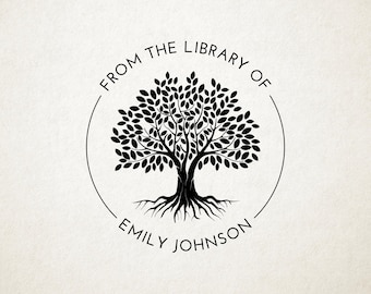 May include: Black and white illustration of a tree with roots and leaves, inside a circle with the text "From the Library of Emily Johnson".