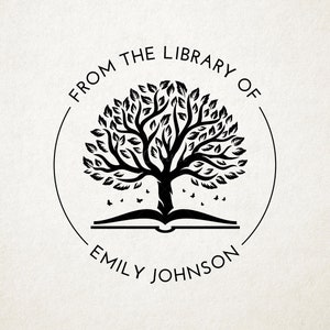 Könnte beinhalten: Schwarz-weiß-Illustration eines Baumes, der aus einem offenen Buch wächst, mit dem Text "From the Library of Emily Johnson" in einem Kreis um den Baum.