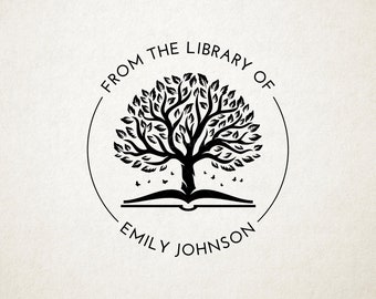 May include: Black and white illustration of a tree growing from an open book with the text "From the Library of Emily Johnson" in a circle around the tree.