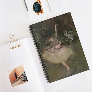 May include: A pastel-colored painting of a ballerina in a flowing white tutu, with a background of green foliage and a dark brown stage floor.