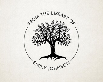 May include: Black and white illustration of a tree with the text "From the Library of Emily Johnson" in a circle around it.