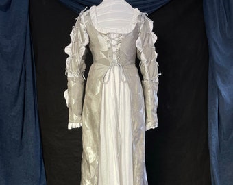 Silver Front Lacing Empire Waist Renaissance Gown (with Detachable Sleeves) and White Cotton Chemise