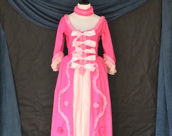 Fuchsia Pink 18th Century (1700's) Dress Gown Robe a l'Anglaise w/ Boned Bodice, Built-in Hip Pads/Panniers, and Choker