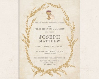 Wheat First Holy Communion Invitation Template | FHC | neutral | hand drawn bread and wine | Template, Templett, Printable