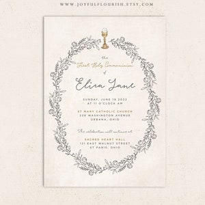 Hand Sketched Floral First Communion Invitation Template | First Holy Communion | hand drawn peony chalice