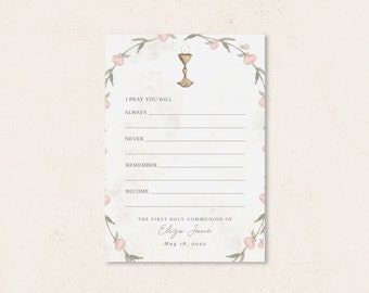 Rose First Communion Prayer Card Template | First Holy Communion | floral chalice host | Instant Download, Templett, Printable