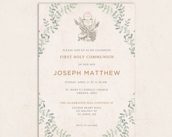 Boy or Girl First Holy Communion Invitation Template | FHC | neutral | watercolor greenery chalice host | Template, Templett, Printable