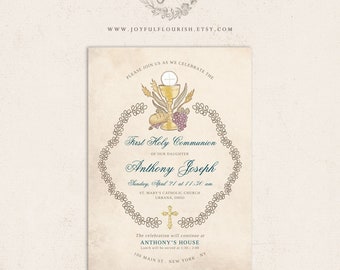 Boy First Communion Invitation Template | First Holy Communion | simple greenery chalice host | Template, Templett, Printable