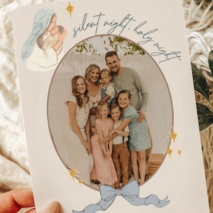 Biglietto di Natale con foto religiosa di Maria e Gesù con fiocco civettuolo / Cornice per foto di famiglia / Stella di Betlemme / Modello Canva
