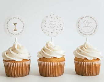 Rozen eerste communie cupcake topper, tag, sticker sjabloon | Eerste Heilige Communie | kelk | Direct downloaden, Templett, afdrukbaar