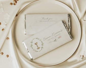Modèle de cadeau d'emballage de barre de chocolat assorti à la première communion de roses | calice pivoine aquarelle | Téléchargement instantané, Templett, Imprimable