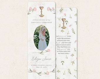 Roses First Communion Remembrance Card, First Holy Communion Card Bookmark Favor Keepsake | Templett, Printable