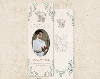 Boy Greenery First Communion Remembrance Card for boy or girl, First Holy Communion Card Bookmark Favor Keepsake | Templett, Printable