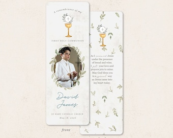 Greenery First Communion Remembrance Card for boy or girl, First Holy Communion Card Bookmark Favor Keepsake | Templett, Printable