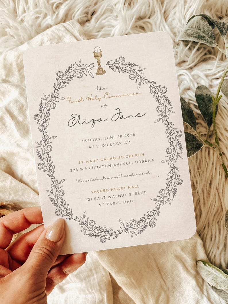 Floral First Communion Invitation Template: Hand-Sketched Peony and Chalice image 1