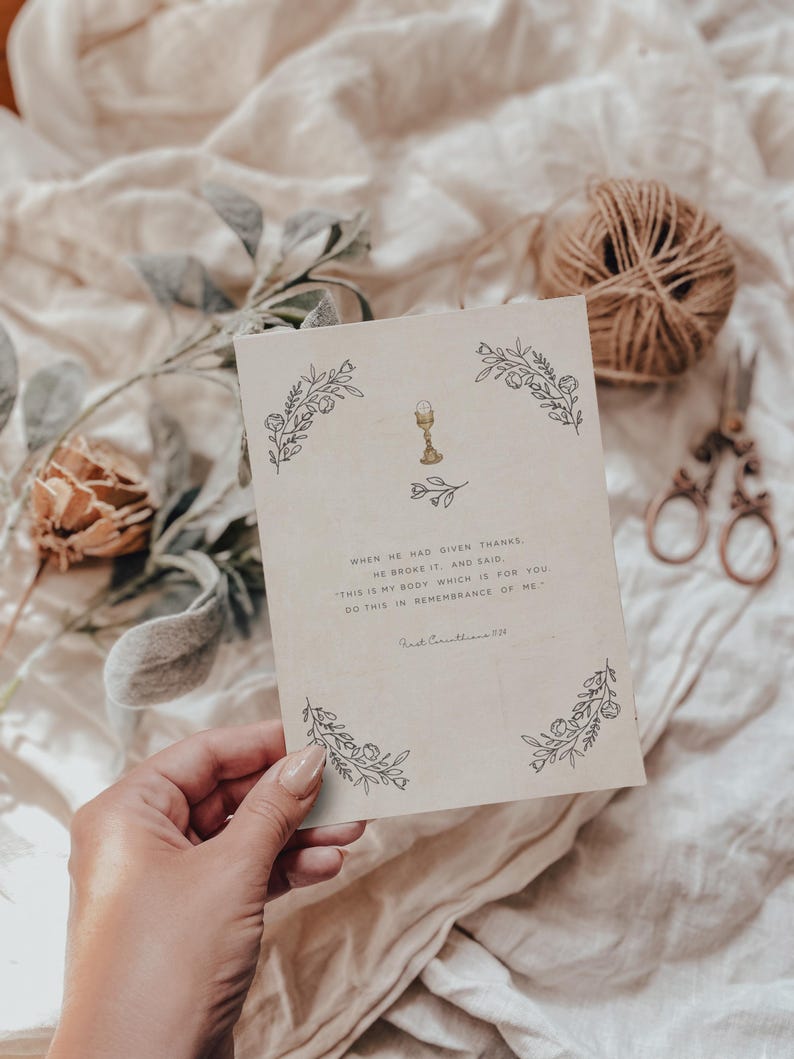 Floral First Communion Invitation Template: Hand-Sketched Peony and Chalice image 2
