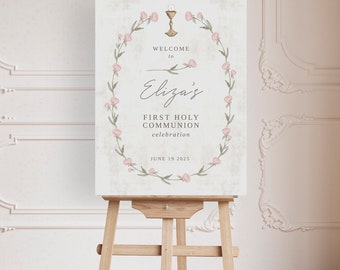 Rozen eerste communie welkom teken poster sjabloon | Eerste Heilige Communie | aquarel pioen kelk | Direct downloaden, Templett, afdrukbaar