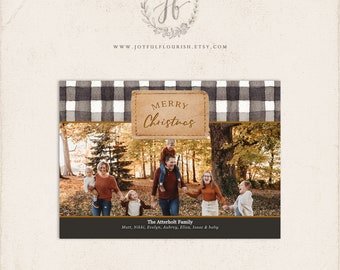 Plaid and Leather Horizontal Photo Christmas Card Template | Watercolor Flannel | Picture Card Templett