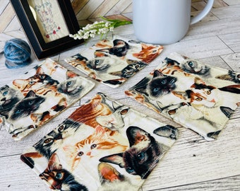 Black Cat Drink Coasters set of 4, reversible mini mug rugs, housewarming gift for women, gift for him.