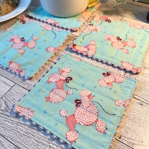 Pink Poodle Napkins, 4 coffee mini mug rugs reusable, for pet lovers, sister, grandmother, auntie, mom dog.