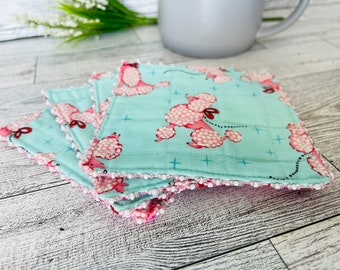 Fabric Coasters With Pink Puddles, coaster set of four, dog mom gift, birthday gift for her, pet lovers gift ideas.