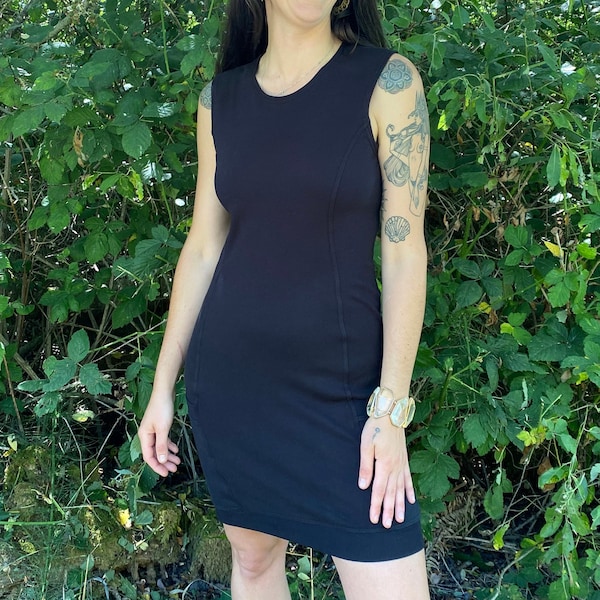 Sleeveless Side Panel Black Dress / Organic Cotton Sleeveless Dress w/ Pockets / Sacred Geometry / Geometric / Women's Dance Dress /