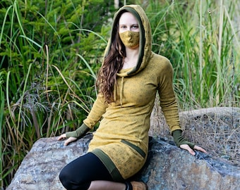 The Portal Dress / Organic Cotton Cowl Hood Dress with Pockets & Sleeves / Sacred Geometry Clothing / Women's Dress / Geometric