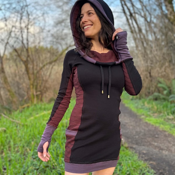 Side Panel Portal Dress - Organic Cotton Cowl Hooded Dress with Pockets and Thumbhole Cuffs